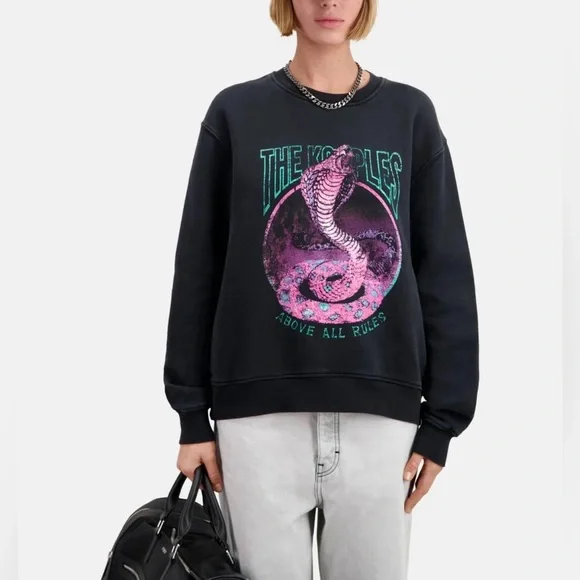 The Kooples graphic cobra print cotton sweatshirt washed black size 3 (L) NWT
